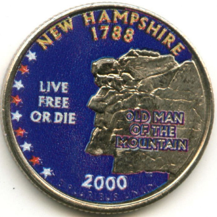 (009d) Монета США 2000 год 25 центов &quot;Нью-Гэмпшир&quot;  Вариант №1 Медь-Никель  COLOR. Цветная